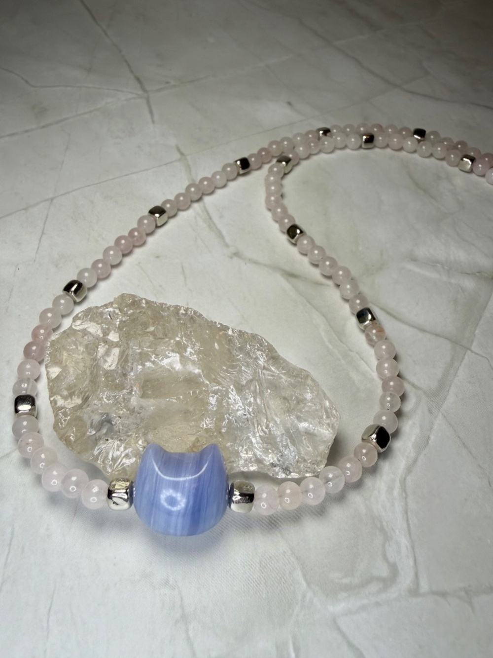 Rose Quartz 4mm & Blue Lace Agate Cat Head Necklace
